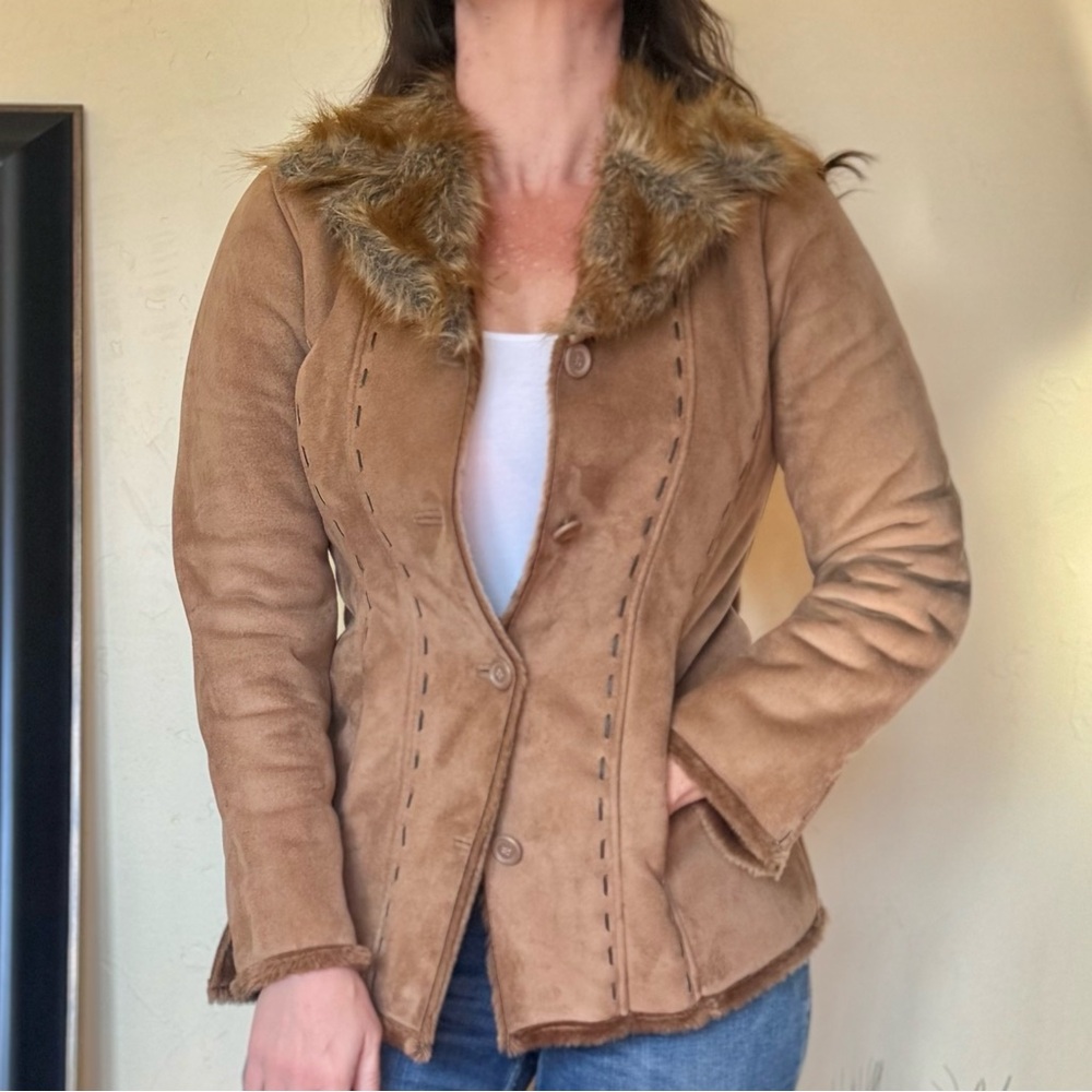 Anisette Women's Tan Suede with Faux Fur Collar & Faux Fur Lined Coat